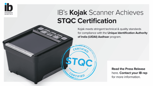 Kojak fingerprint scanner STQC certification announcement graphic
