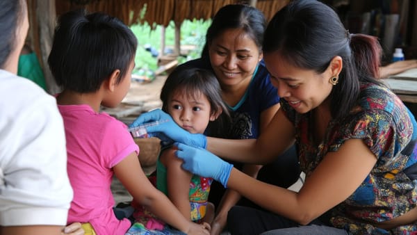 A young girl receives a vaccination from a medical professional while her mother watches nearby