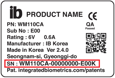 Sample serial number label on the underside of an IB fingerprint scanner